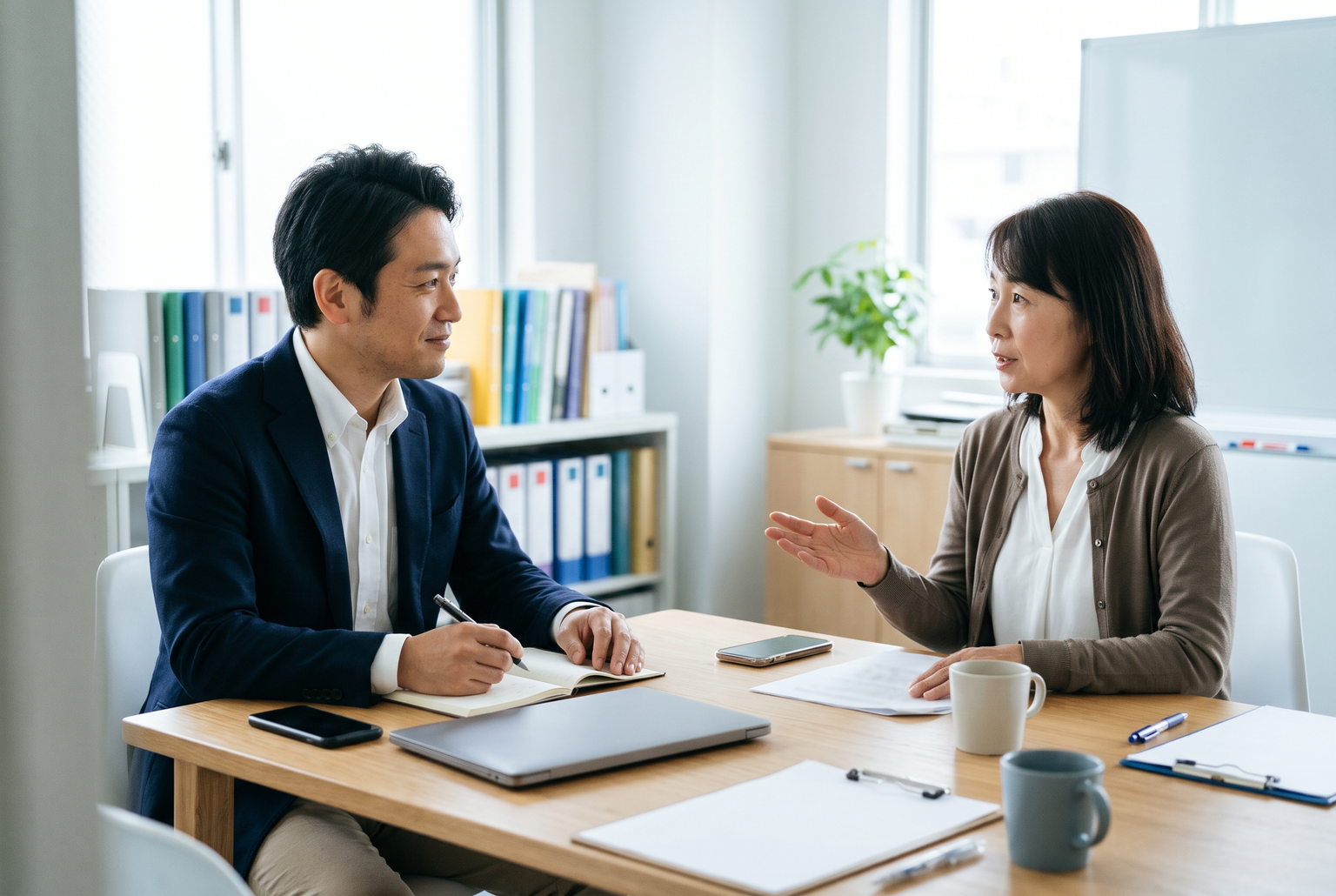 事務所の方のお話を、メモを取りながら伺う担当者