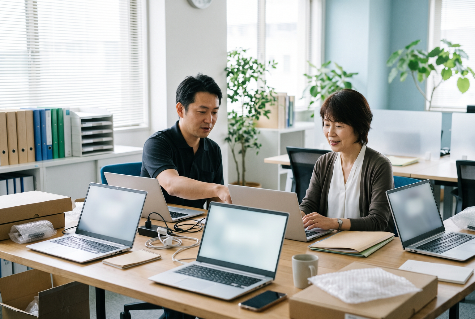 新しいノートパソコンの初期設定を手伝う担当者