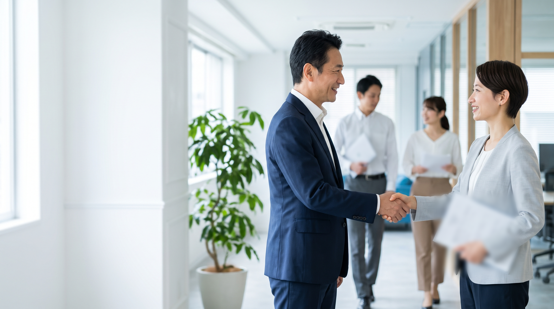 会社の入口で、社長と社労士が笑顔で握手する様子
