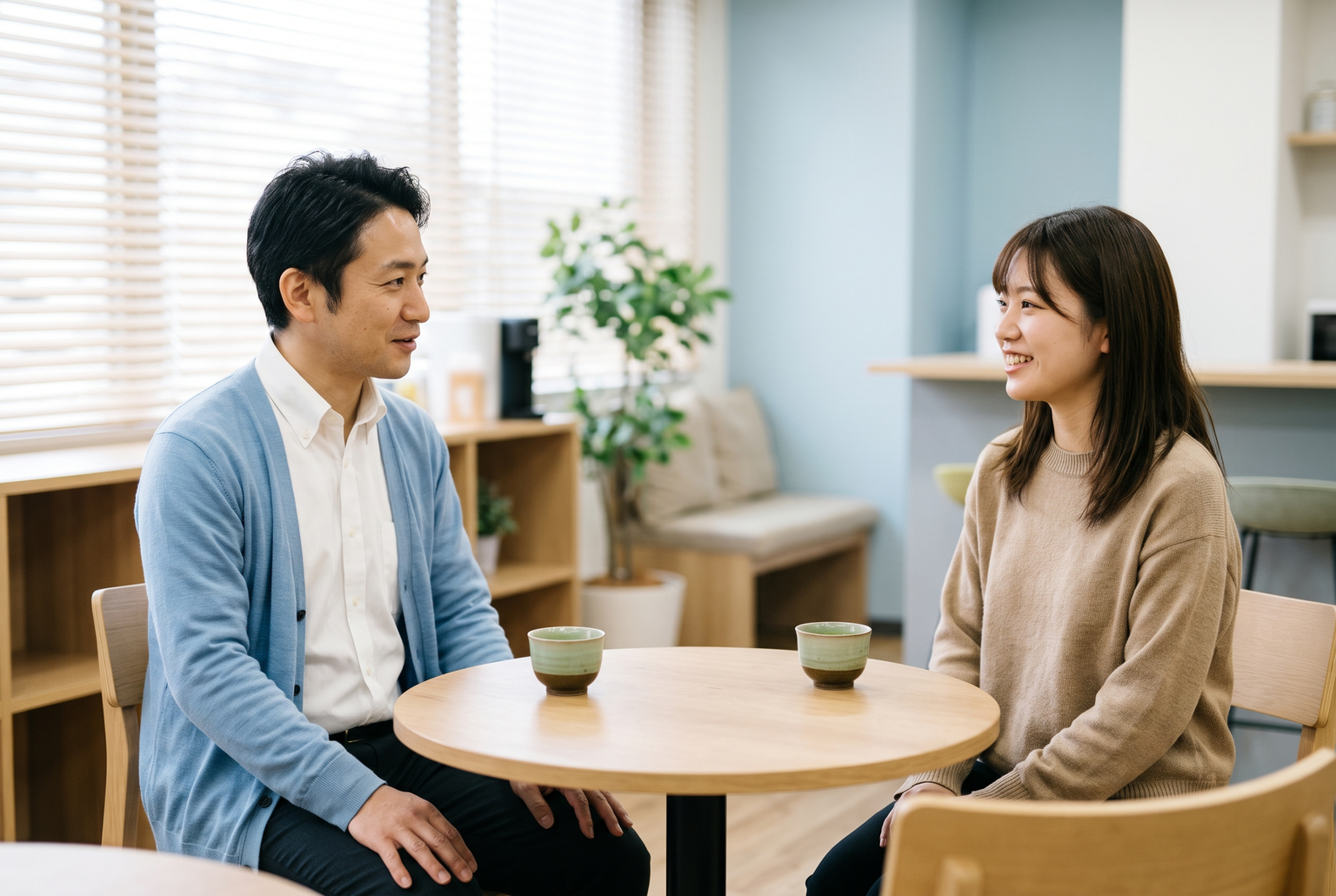 休憩スペースで、社労士が社員の話を親身に聞く様子