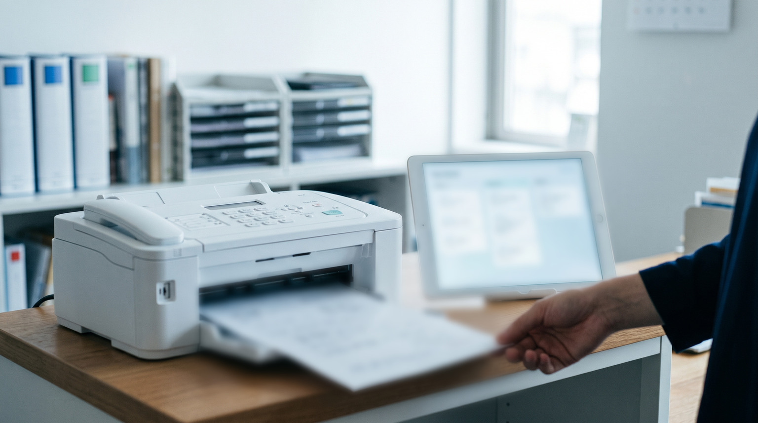 複合機から出てきた FAX と、タスクボードを表示したタブレット