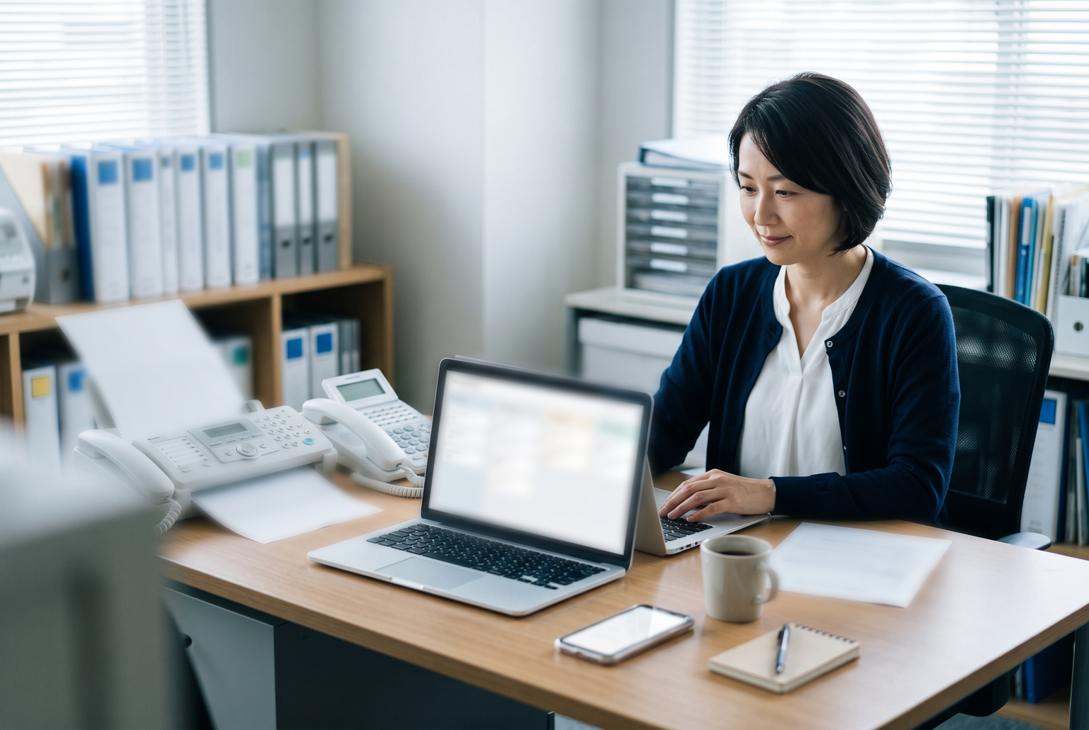 事務所の机で、ひとつのタスクボードを見ながら仕事を進める様子