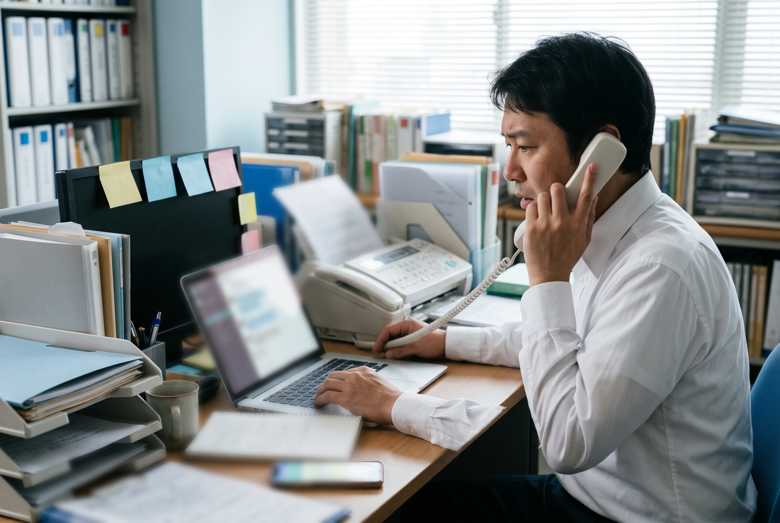 電話・チャット・FAX の依頼に追われて考え込む様子