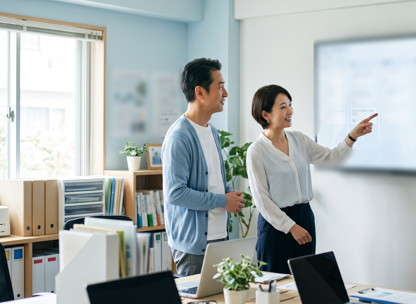 同じ会社のメンバーがひとつのボードを見ながら打ち合わせる様子