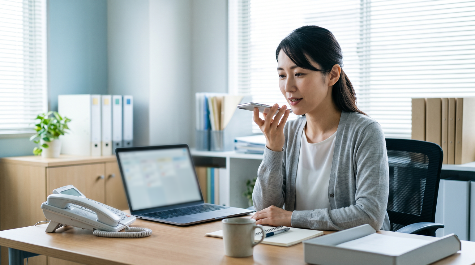 電話のあと、スマホに話しかけて記録する様子