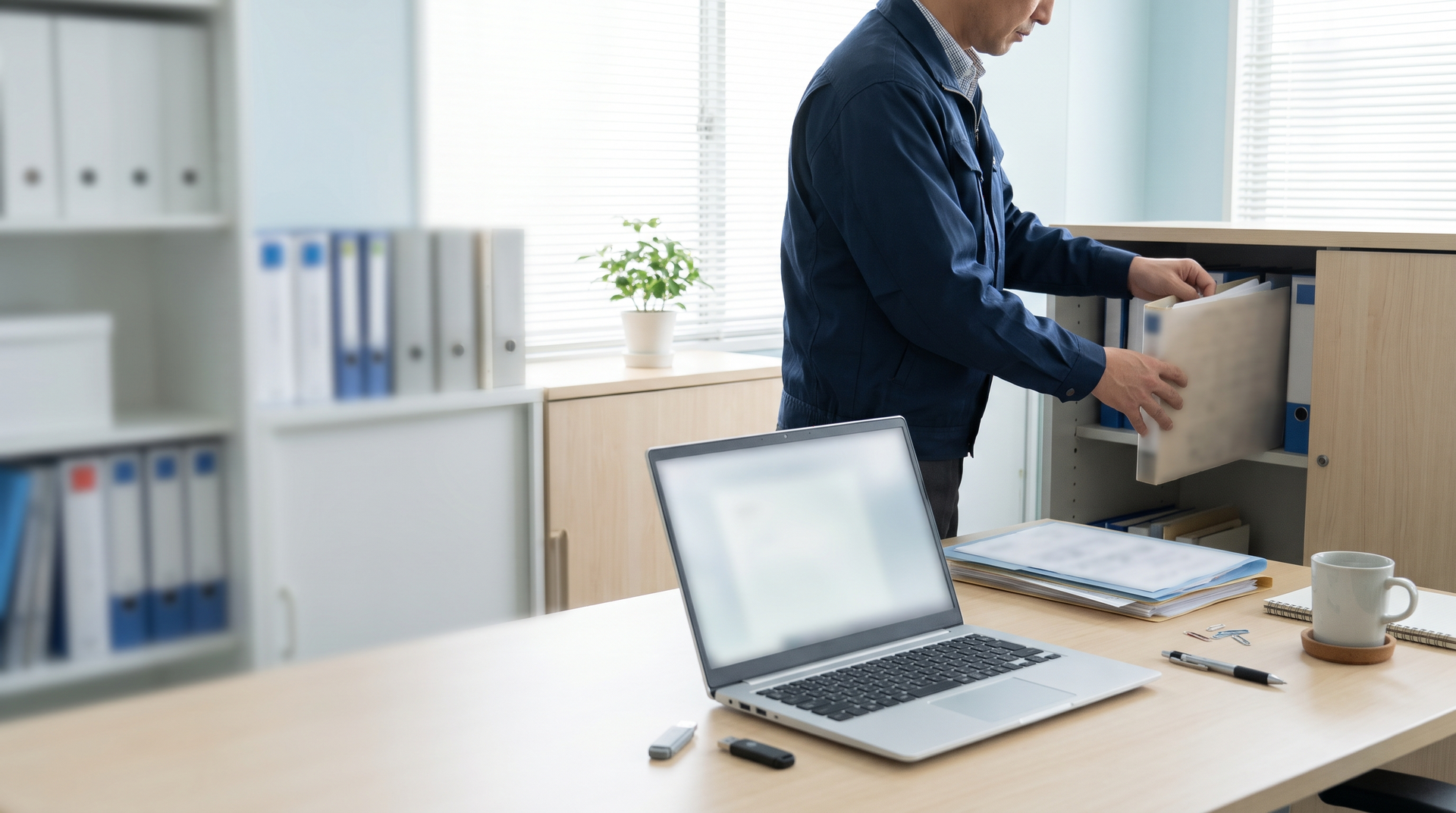 中小企業の事務所で、見積のファイルを共用の棚にまとめる社員。机にはUSBメモリ