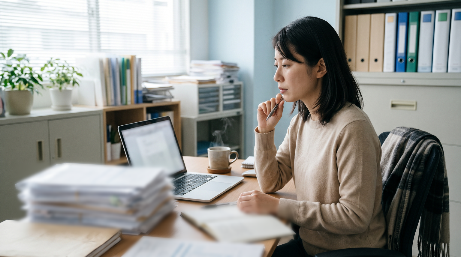 年末に届いた紙の申告書の束を前に、手を止める事務の担当者
